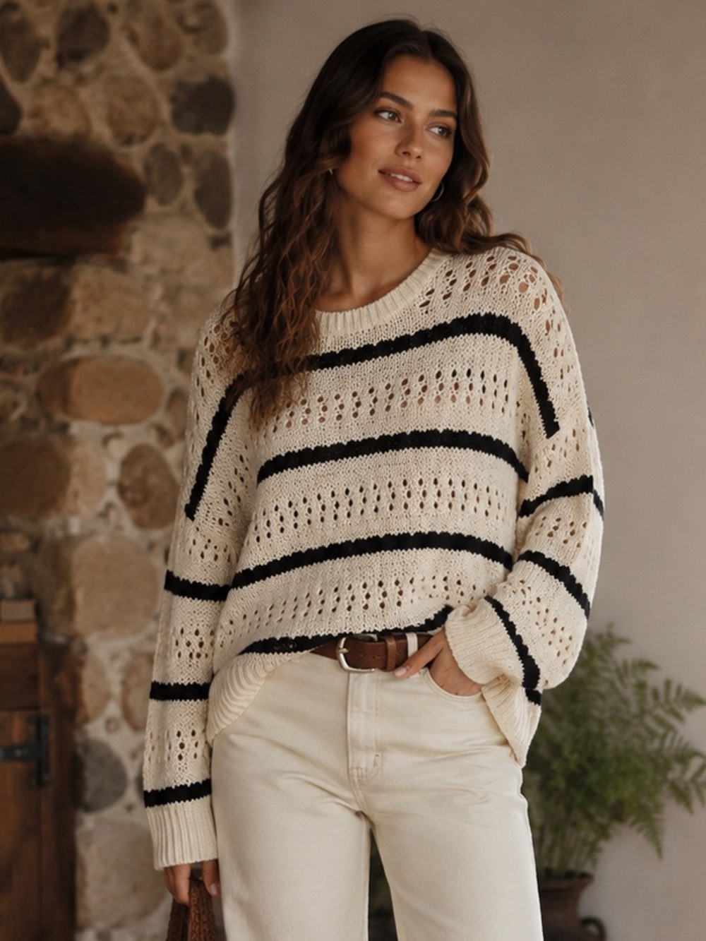 NWT Pointelle Cotton Stripe Sweater Reitmans Large Coastal Grandma